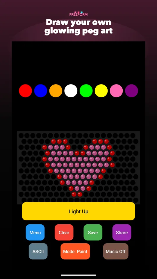 A glowing heart being drawn on ASCIIbrite's freeform peg board